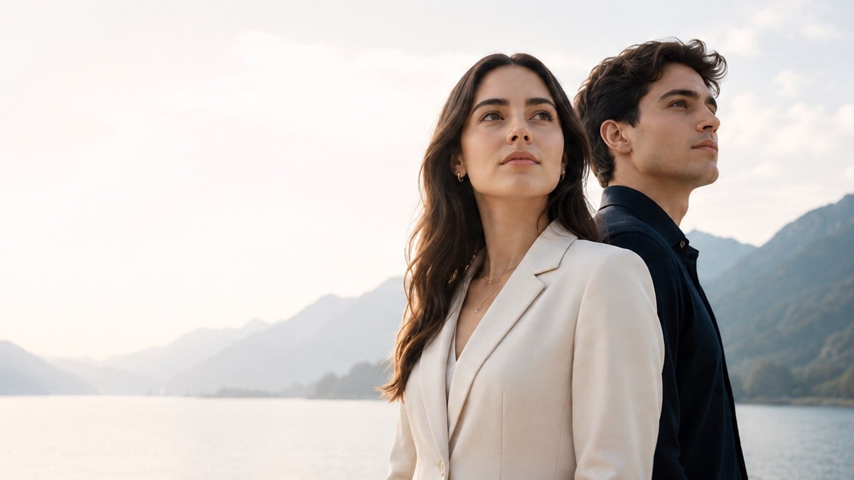 Two young people from Generación Íntegra looking toward the horizon by a lake